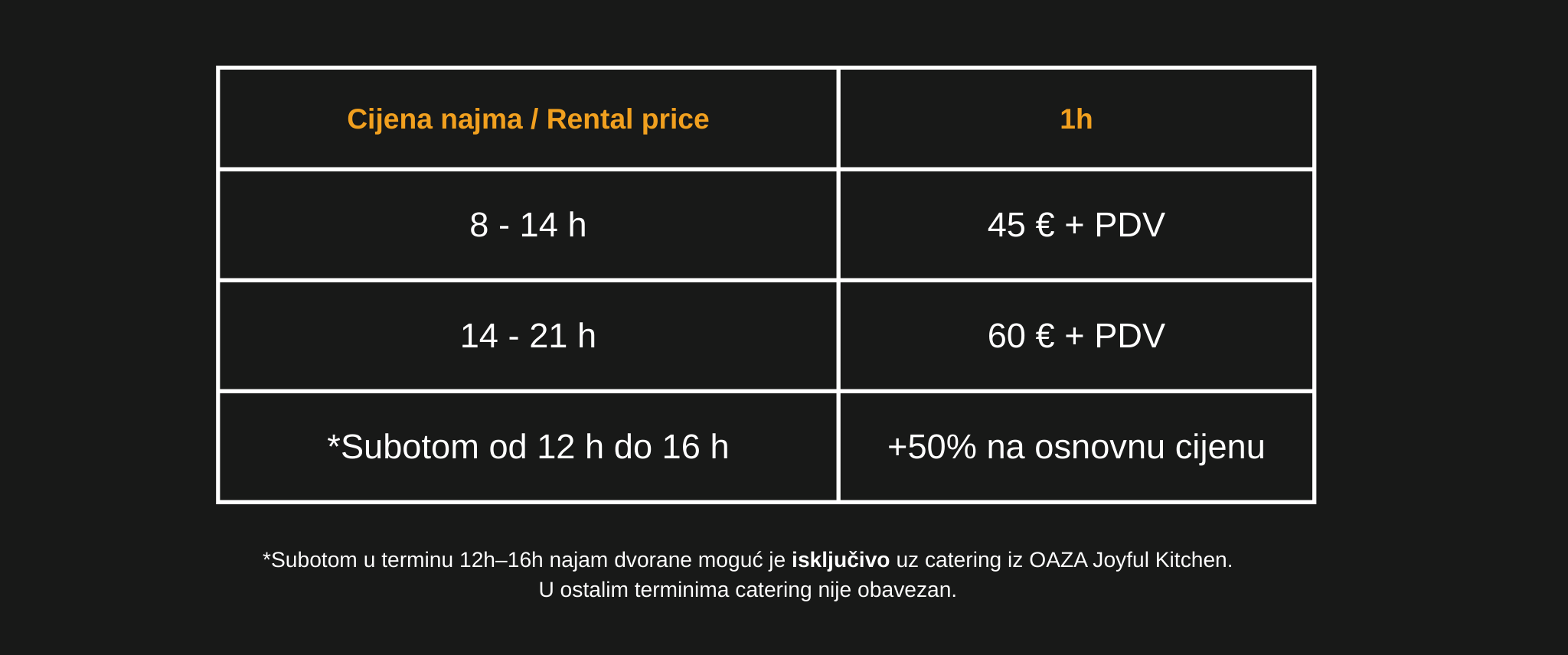 Cijena najma Rental price Najam dvorane